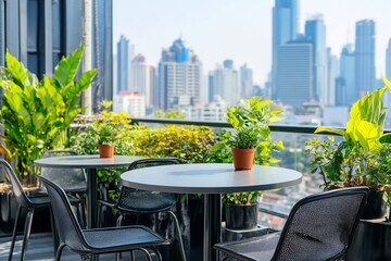 Fototapete - Rooftop patio with city view, plants, and tables with chairs.