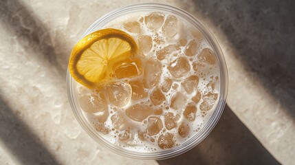 Sticker - Iced lemon tea in a plastic cup with ice cubes, garnished with a lemon slice.