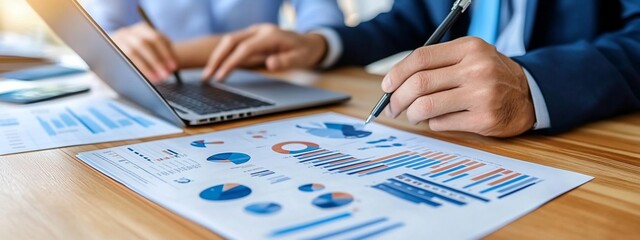 Poster - Businesspeople reviewing financial data charts and graphs on laptop and paperwork.