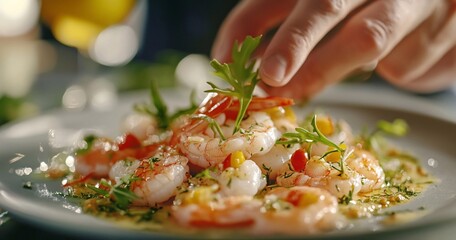Poster - Close-up of chef's hand plating delicious shrimp dish with herbs.