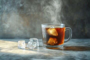 Poster - Iced coffee in a glass mug with ice cubes on a dark background. Steam rises from the drink.