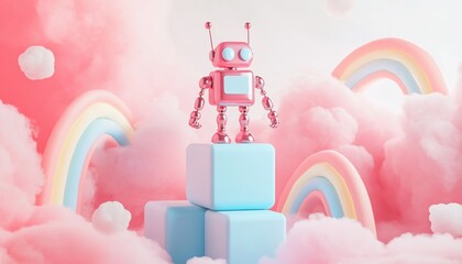 Poster - Cute pink robot standing on pastel blue cubes in a dreamy cloud and rainbow landscape.