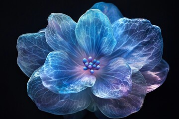 Aufkleber - Close-up of a vibrant, glowing blue and purple flower with intricate details against a black background.