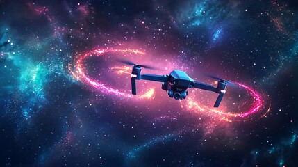 Aufkleber - Drone flying through a vibrant nebula, cosmic background.