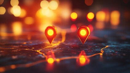 Poster - Two glowing map markers on a dark, illuminated map, representing locations or destinations.
