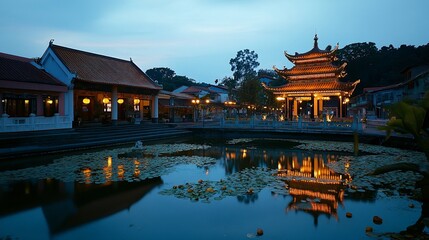 Poster - Illuminated Asian architecture reflected in a tranquil pond at twilight.