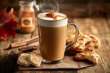 Poster - Steaming latte with caramel and cookies on rustic wooden table.