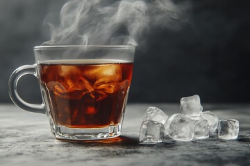 Poster - Steaming iced tea in a glass mug with ice cubes on a dark surface.