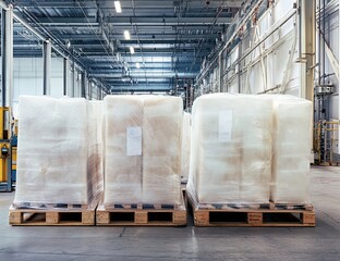 Poster - Pallets of shrink-wrapped goods in a large warehouse.