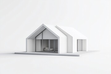 Poster - Minimalist white house model with open plan living area and a pitched roof, on a white background.