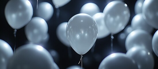 Poster - Many white balloons floating in dark space.