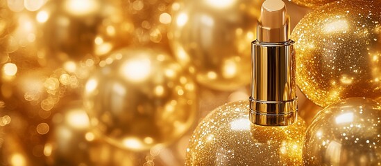 Aufkleber - Gold lipstick tube amidst sparkling golden baubles.