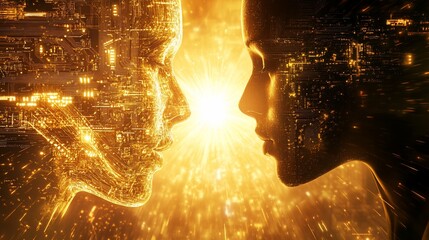 Aufkleber - Two glowing, digital human faces facing each other, a bright light between them.