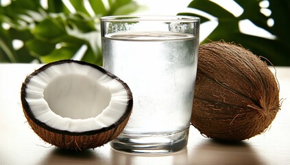 Poster - Glass of coconut water with halved coconut and whole coconut on wooden surface, tropical leaves in background.