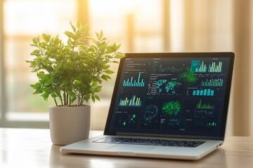 Wall Mural - Laptop displaying data analytics charts and graphs on a desk with a plant.