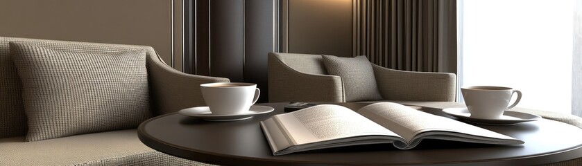 Wall Mural - Cozy seating area with coffee cups and an open book on a table.