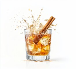 Poster - Iced cinnamon drink splashing in glass with ice cubes.