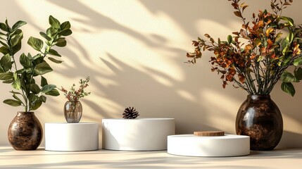 Poster - Arranging decorative plants on white pedestals modern interior still life bright ambiance close-up aesthetic appeal