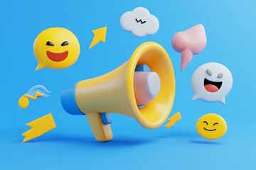 Poster - Yellow megaphone with emojis and speech bubbles on blue background.