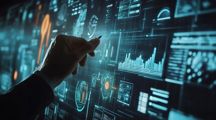 Poster - Businessman Drawing Growth Charts on Virtual Screen with Data Visuals