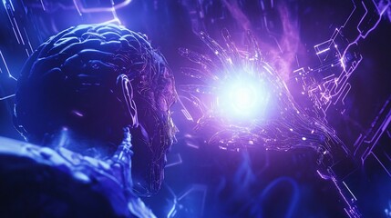 Poster - Abstract digital brain concept; glowing energy flows from futuristic head.