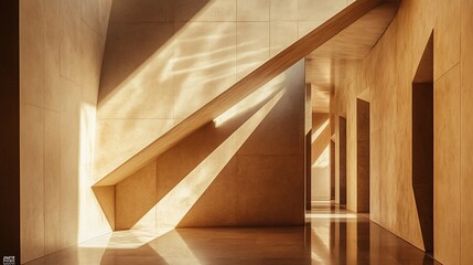 Poster - Sunlit modern hallway with geometric architecture and light reflections on polished floor.