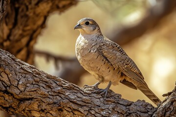 Poster - A small, light brown bird perched on a tree branch, basking in sunlight.