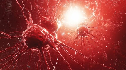 Poster - Microscopic view of two red cancer cells dividing rapidly, glowing intensely in a dark red background.