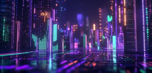 Aufkleber - Futuristic city streetscape at night with neon lights and digital displays.