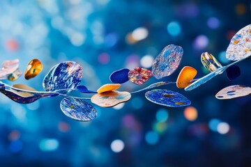 Fototapete - Abstract colorful shapes floating in a blue bokeh background.