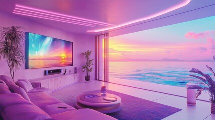 Wall Mural - A living room with a large window overlooking the ocean. A television is on the wall. A potted plant is on the floor