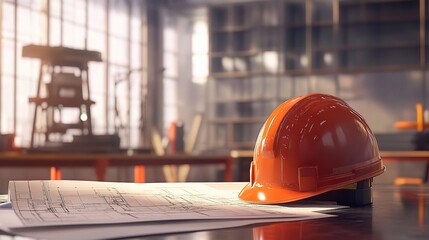 Poster - Close-Up View of Construction Helmet and Blueprint on Work Table