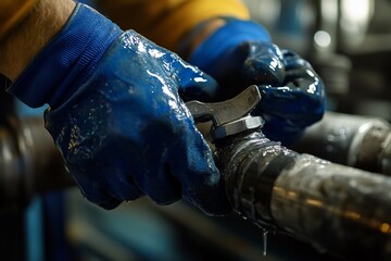 Aufkleber - Close-up of gloved hands using a wrench on industrial pipe. (1)