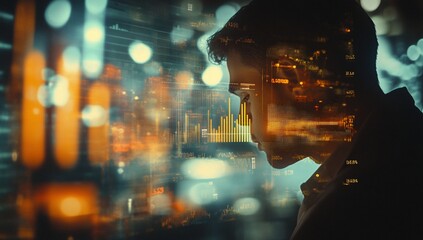 Aufkleber - Double exposure of a man with city lights and data charts.