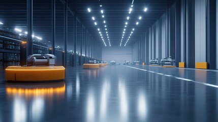 Poster - Futuristic Digital Rendering of a Warehouse with Robots and Technology