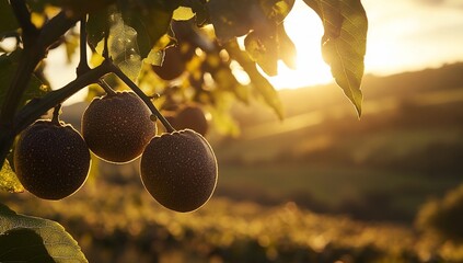Poster - Close-up of ripe passion fruits on a vine at sunset, with a blurred rural landscape in the background.