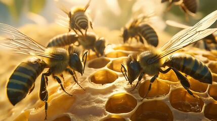 Aufkleber - Close-up of honeybees working on honeycomb, golden sunlight.