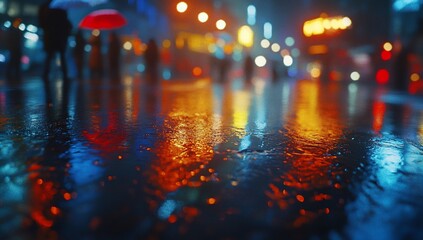 Aufkleber - Rainy city night street reflection, blurred figures, colorful lights.