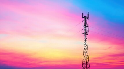 Poster - a telecommunications tower silhouetted against a vibrant sunset, with its antennas reaching towards 