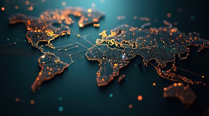 Poster - world map with glowing lines representing global data flow and communication networks, illustrating 