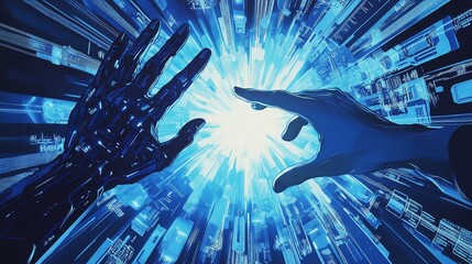 Fototapete - Robotic and human hands reaching towards bright light in digital space.