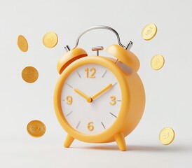 Poster - Yellow alarm clock with coins floating around it, illustrating the concept of time and money.