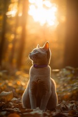 Poster - Gray cat sitting in autumn leaves, backlit by golden sunlight.