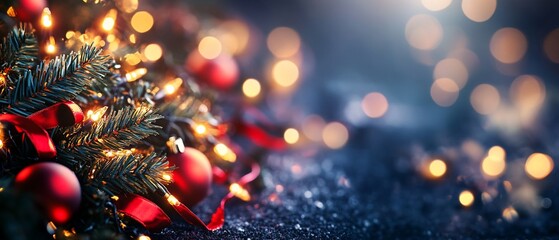 Aufkleber - Festive Christmas background with fir branches, red ornaments, and warm lights on a sparkling surface.