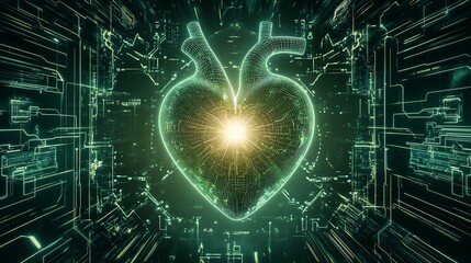 Fototapete - Digital human heart glowing with internal light, circuit board background.