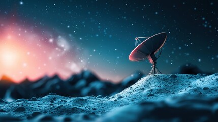 Poster - a satellite dish tracking a satellite in space, emphasizing the crucial role of satellites in facili