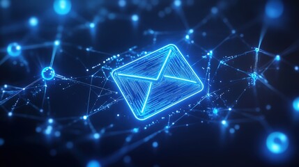 Poster - Global Digital Communication: A glowing blue email icon floats in a futuristic network, symbolizing instant global communication and interconnectedness.  