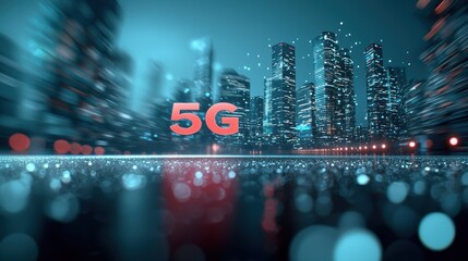 Poster - a 5g logo projected onto a cityscape, representing the rollout and adoption of advanced mobile netwo