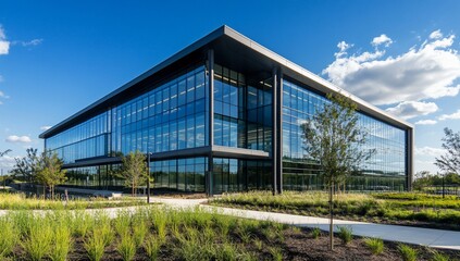 Aufkleber - Modern glass office building with landscaped grounds on a sunny day.