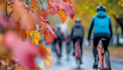 Aufkleber - Cyclists riding on a road during autumn, leaves in focus.